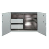 Cabinet with open doors showing interior shelves and drawers on a plain background. thumbnail