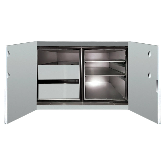 Cabinet with open doors showing interior shelves and drawers on a plain background.