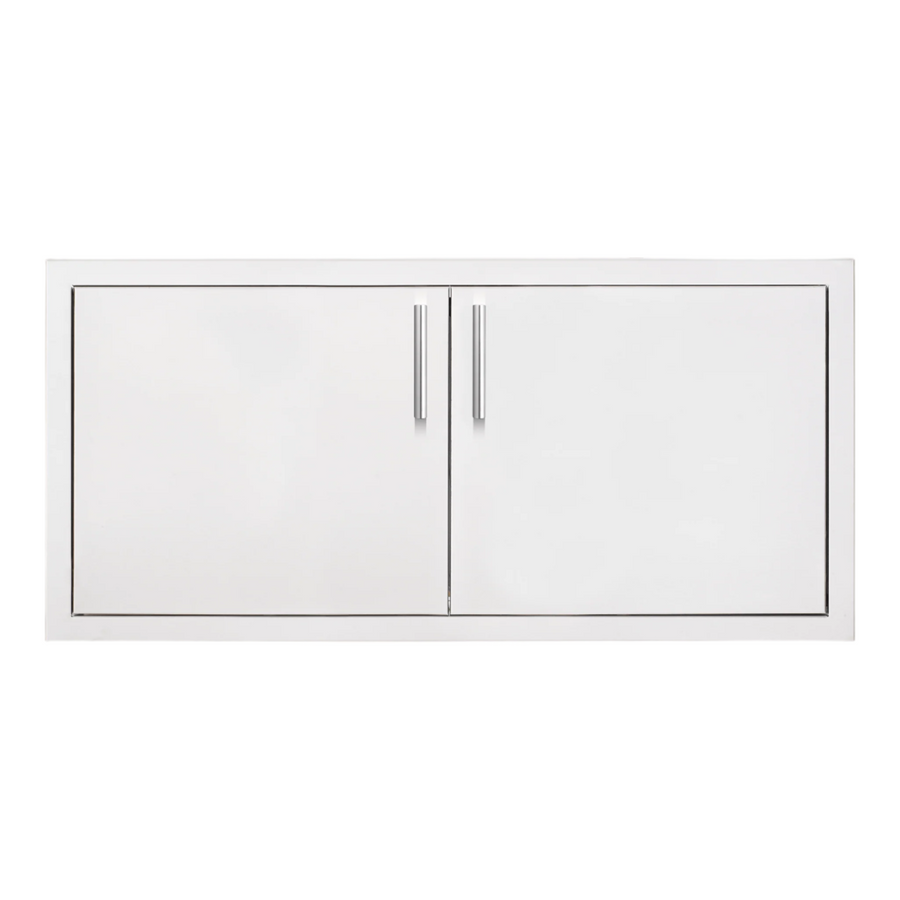 Summerset Grills 36 inch outdoor grill dry storage pantry and enclosed cabinet combo with white doors and curved handles.