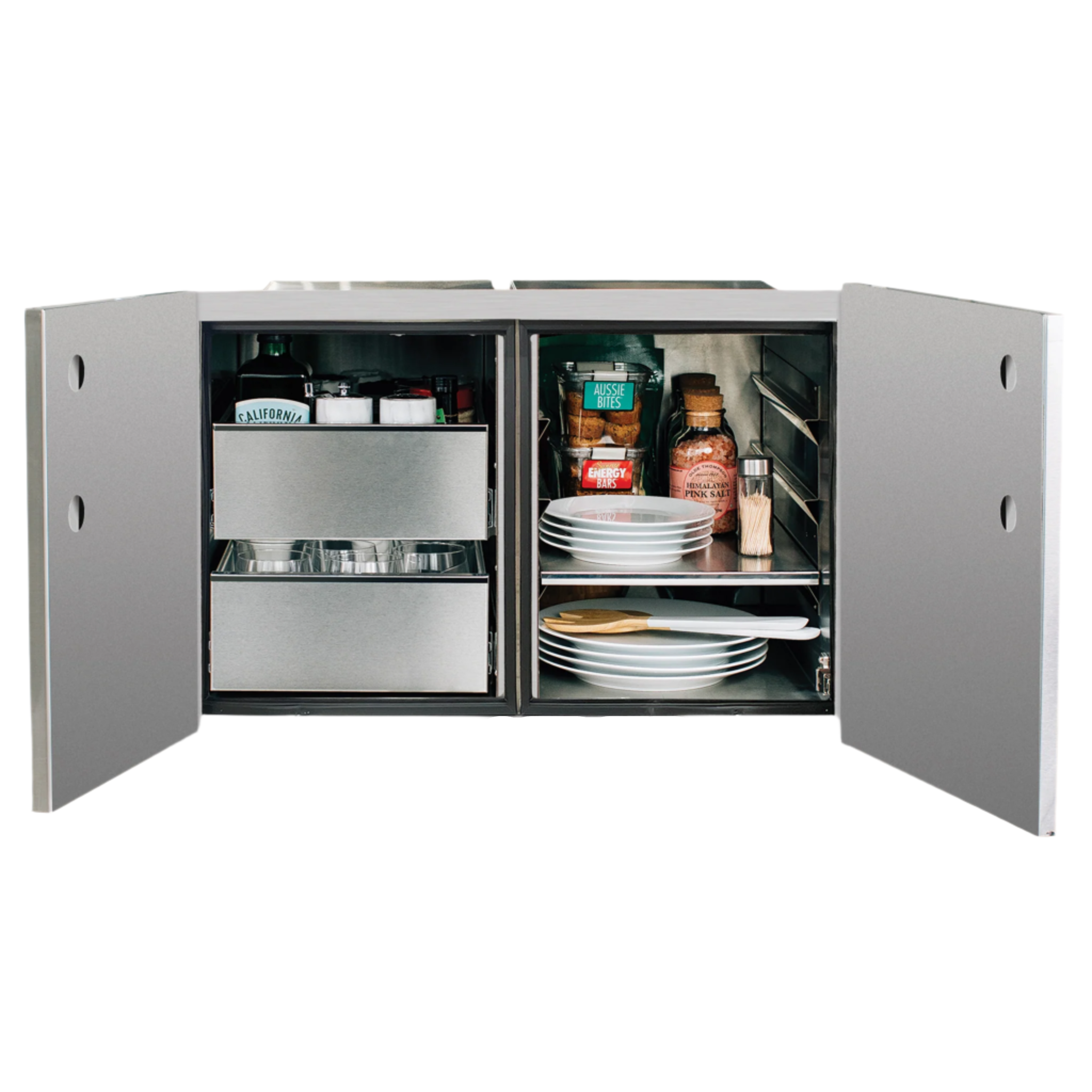 Open kitchen cabinet with food and utensils on a plain background