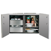 Open kitchen cabinet with food and utensils on a plain background thumbnail