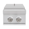 A stainless steel built-in double side burner with two knobs on the front panel and a space for a grill or griddle on the top surface. thumbnail
