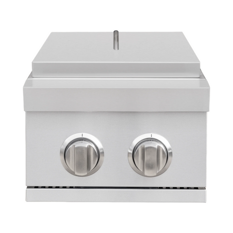 A stainless steel built-in double side burner with two knobs on the front panel and a space for a grill or griddle on the top surface. — outdoor living product at Living Outdoorsy
