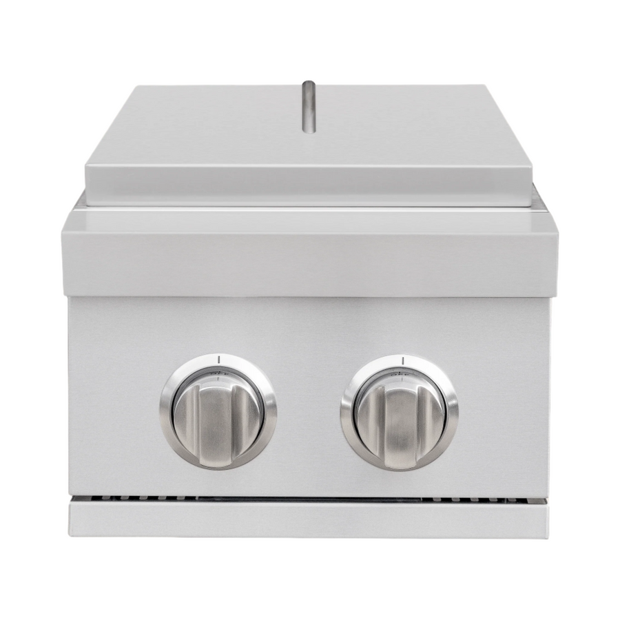 A stainless steel built-in double side burner with two knobs on the front panel and a space for a grill or griddle on the top surface.