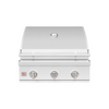 A Summerset built-in grill featuring a stainless steel body with three control knobs on the front panel, lid closed. thumbnail