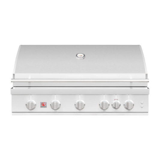 Summerset Grills Sizzler Pro 40 inch built-in grill with six control knobs and a closed lid, displayed against a white background.