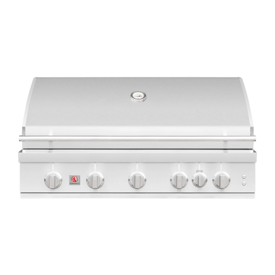 Summerset Grills Sizzler Pro 40 inch built-in grill with six control knobs and a closed lid, displayed against a white background.
