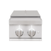 A stainless steel built-in double side burner with two control knobs and a closed lid on top. thumbnail
