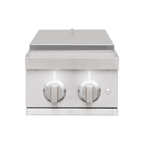 A stainless steel built-in double side burner with two control knobs and a closed lid on top.