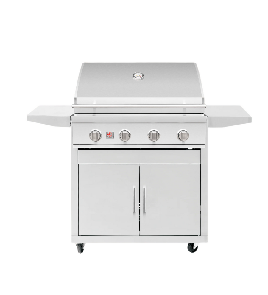 A freestanding Summerset Sizzler 32 inch grill cart made of stainless steel, featuring a closed cabinet beneath the grilling area.