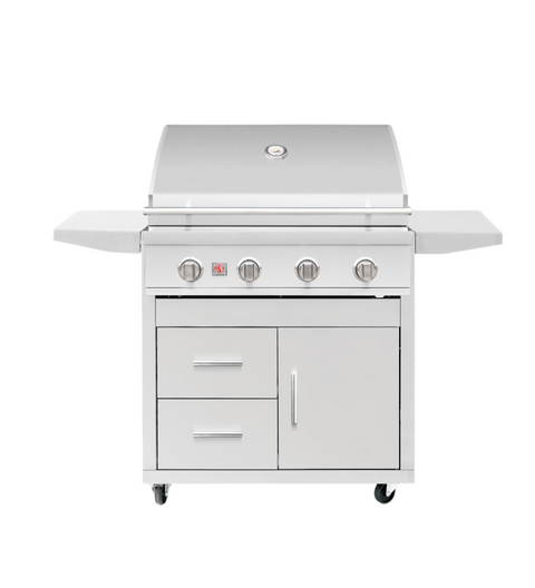 A freestanding Summerset Sizzler Pro Deluxe 32" grill cart with a white stainless steel body, side shelves, and four burners. — outdoor living product at Living Outdoorsy