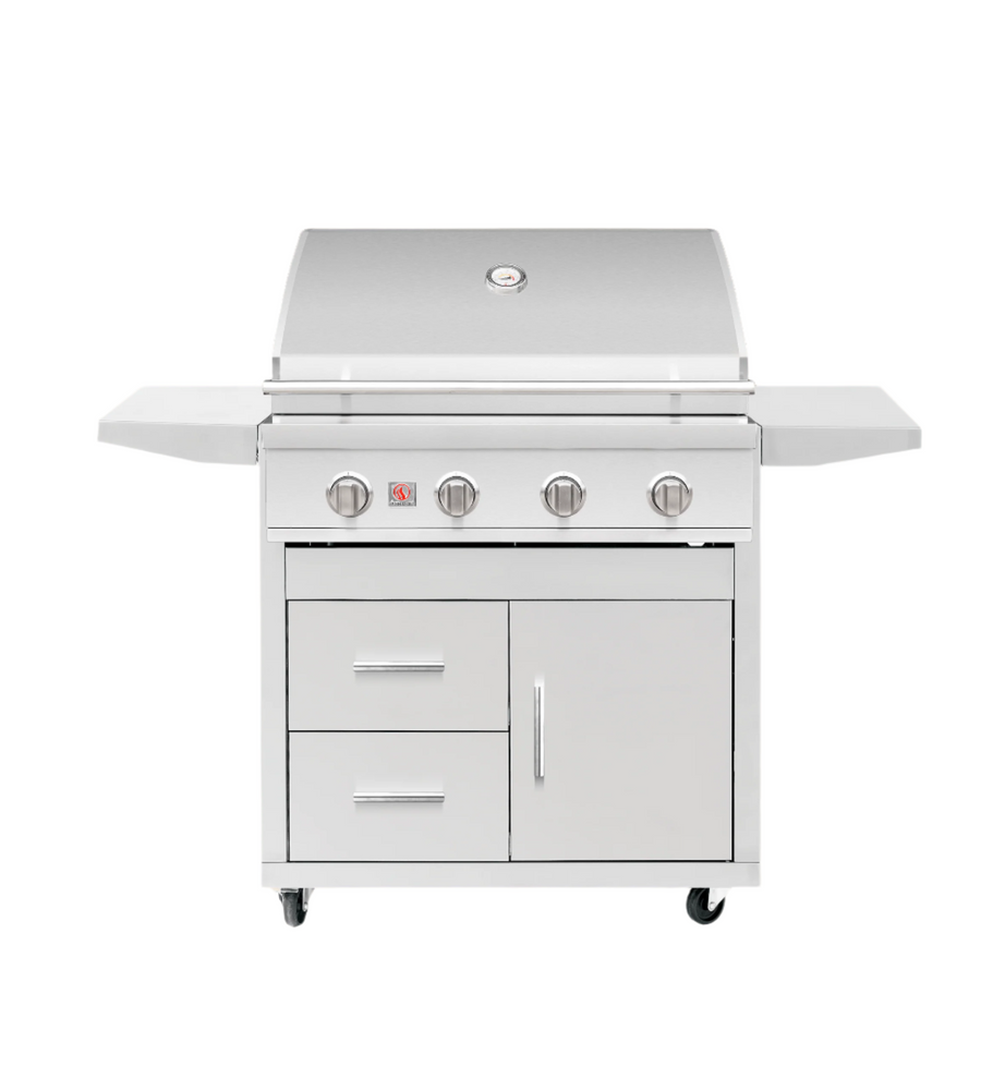 A freestanding Summerset Sizzler Pro Deluxe 32" grill cart with a white stainless steel body, side shelves, and four burners.