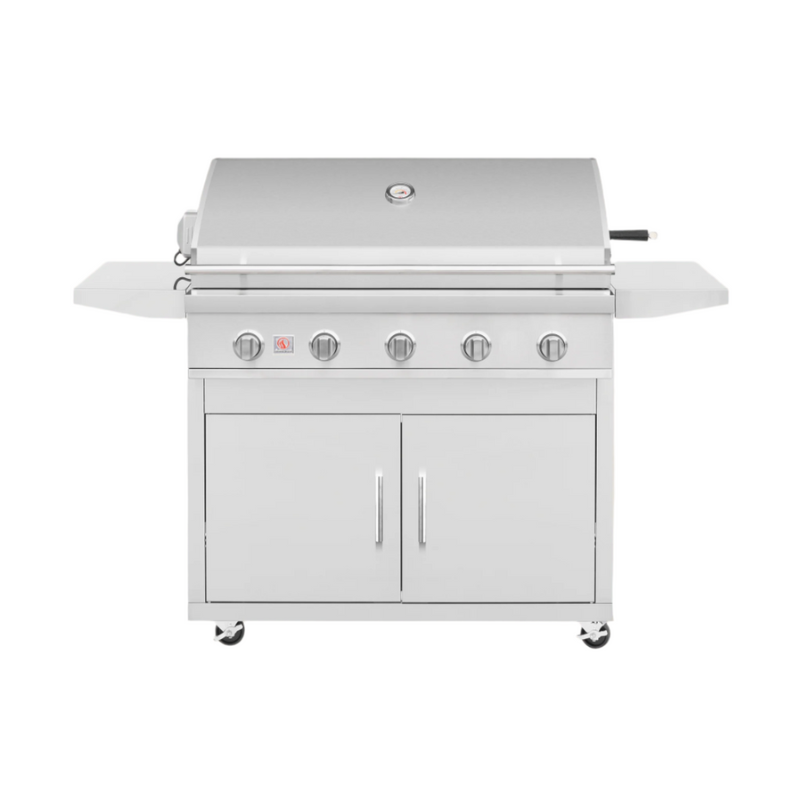 A freestanding Summerset Sizzler 40 inch grill cart made of stainless steel, featuring four burners and a closed cabinet beneath.