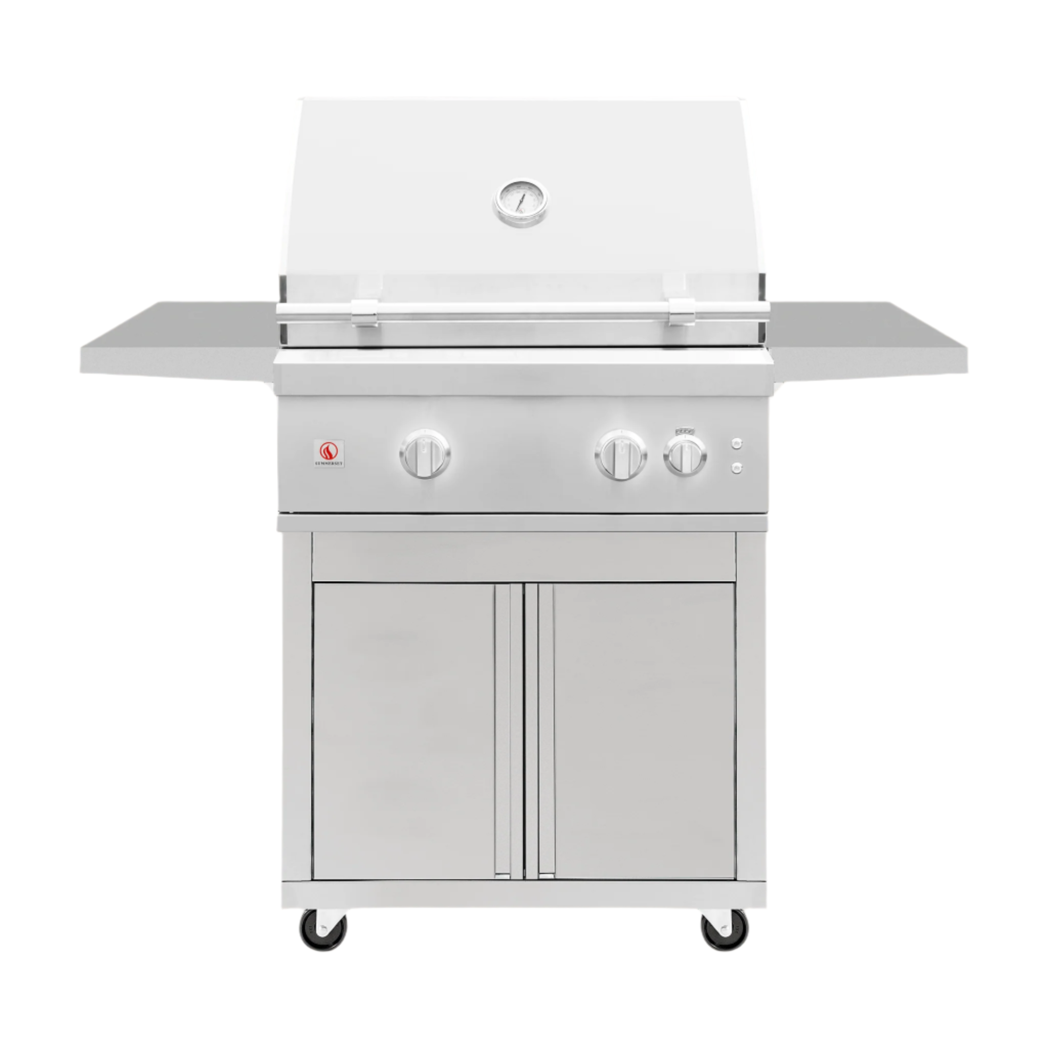 A freestanding stainless steel grill cart with a closed cabinet and side shelves.