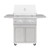 A freestanding stainless steel grill cart with a closed cabinet and side shelves. thumbnail