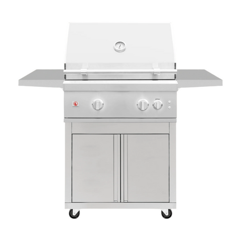 A freestanding stainless steel grill cart with a closed cabinet and side shelves. — outdoor living product at Living Outdoorsy