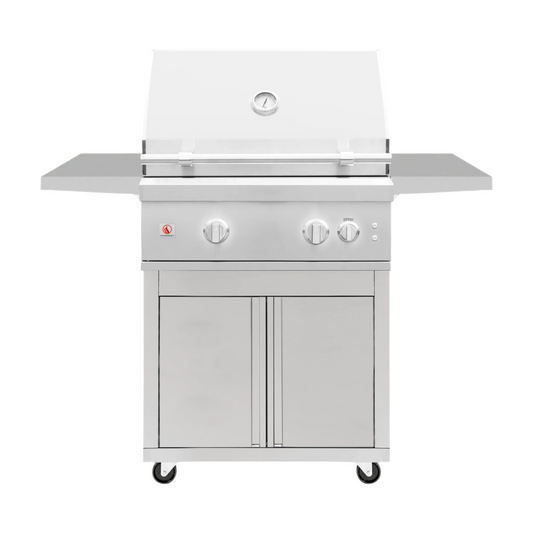 A freestanding stainless steel grill cart with a closed cabinet and side shelves.