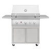 A freestanding stainless steel grill cart with a closed cabinet and side tables, equipped with control knobs on the front panel. thumbnail