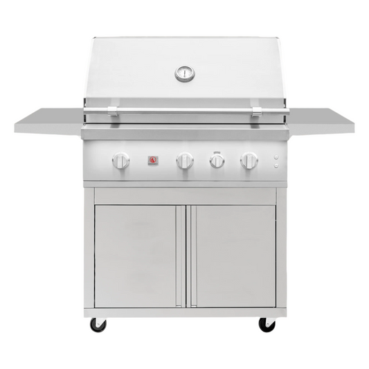 A freestanding stainless steel grill cart with a closed cabinet and side tables, equipped with control knobs on the front panel.