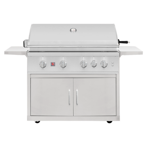 A freestanding Summerset grill cart with a white stainless steel finish, featuring a closed cabinet beneath the grilling area and control knobs on the front panel.