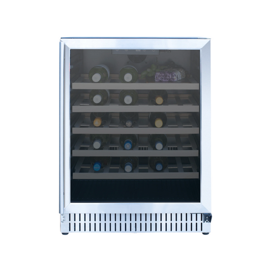 A 24-inch Summerset Grills outdoor rated wine cooler with a stainless steel body, tinted glass door, and multiple bottles inside the shelves.