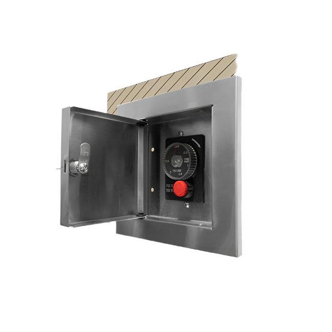 Metallic electrical box with open cover on a beige background
