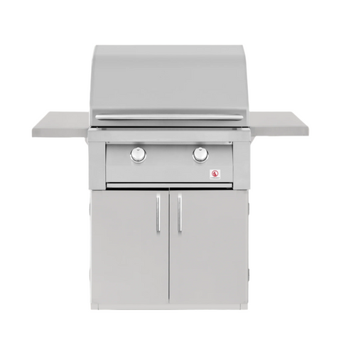 A freestanding Summerset Resort 30-inch grill cart made of stainless steel, featuring a closed cabinet with doors and a double-insulated hood. — outdoor living product at Living Outdoorsy