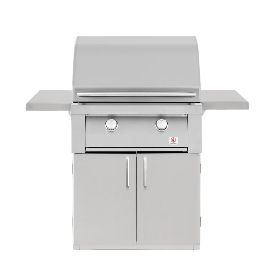 A freestanding Summerset Resort 30-inch grill cart made of stainless steel, featuring a closed cabinet with doors and a double-insulated hood.