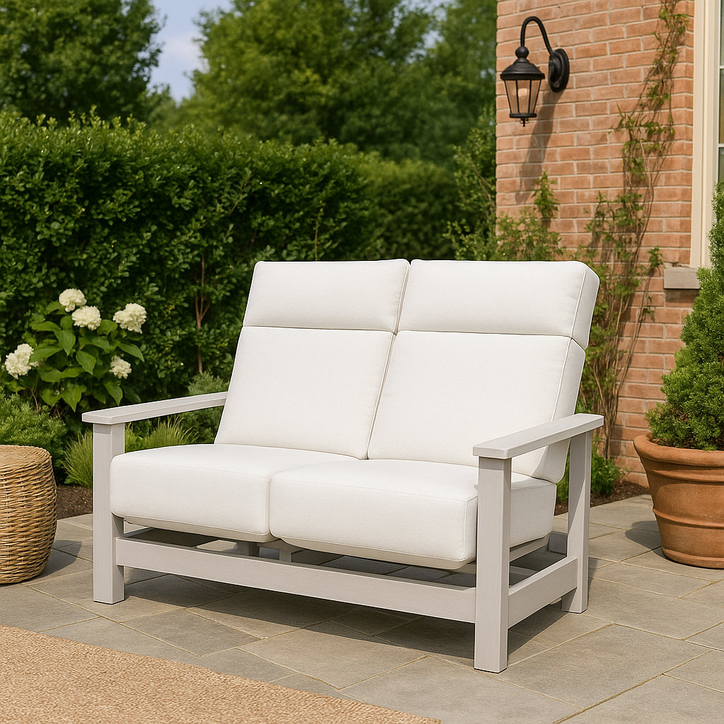 Telescope Casual Leeward Supreme Cushion Hidden Motion Loveseat with RU0 Chestnut Rustic Polymer Arms