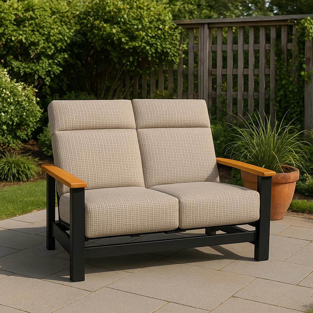 Telescope Casual Leeward Supreme Cushion Hidden Motion Loveseat with RT0 Teak Rustic Polymer Arms