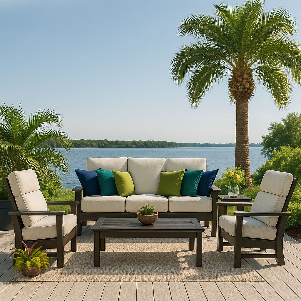 Telescope Casual Leeward Cushion Three-Seat Sofa with RW0 Weathered Wood Rustic Polymer Arms
