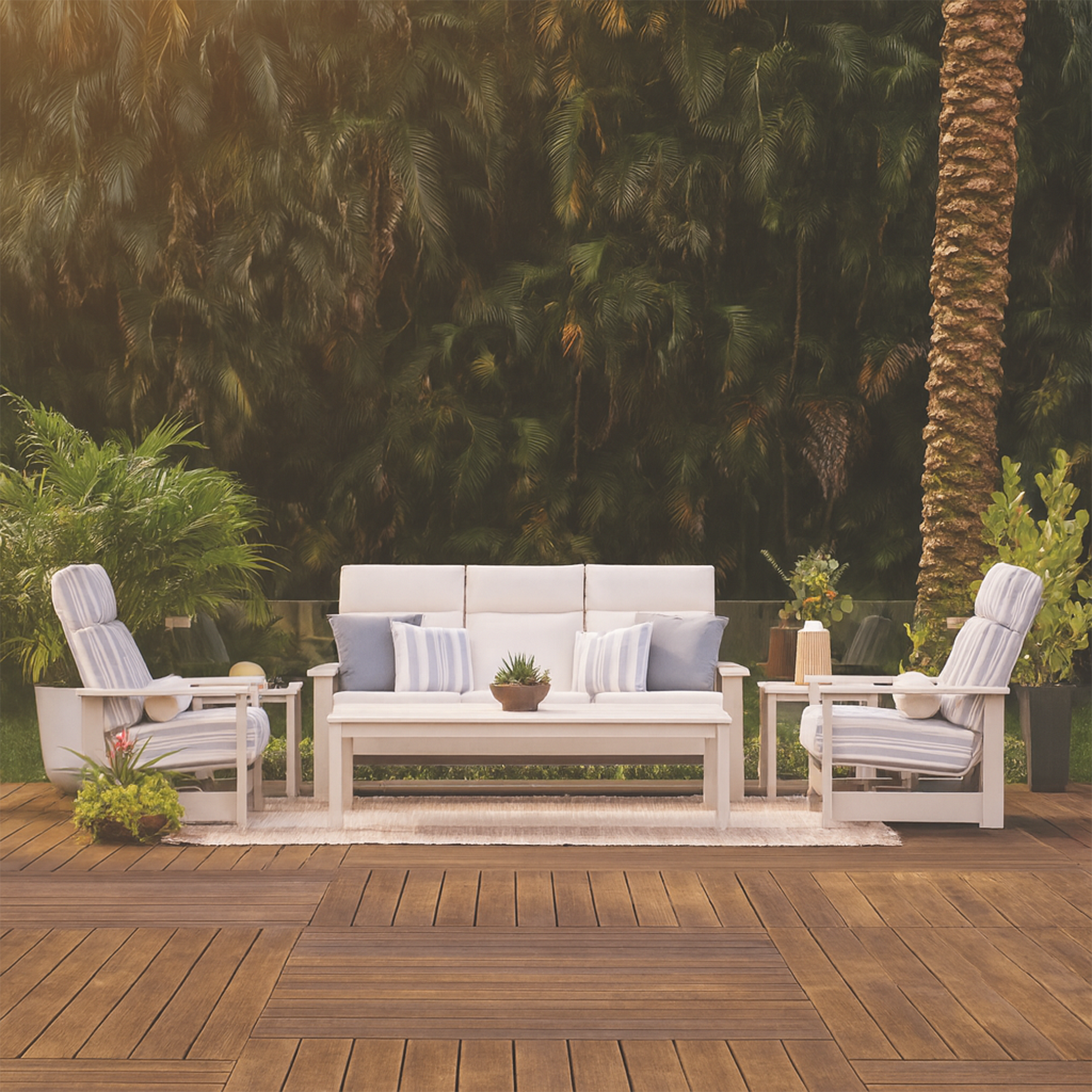 Telescope Casual Leeward Cushion Three-Seat Sofa with RW0 Weathered Wood Rustic Polymer Arms