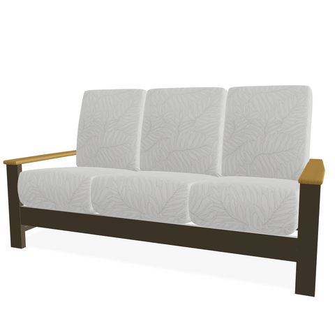 Telescope Casual Leeward Cushion Three-Seat Sofa with RT0 Teak Rustic Polymer Arms — outdoor living product at Living Outdoorsy